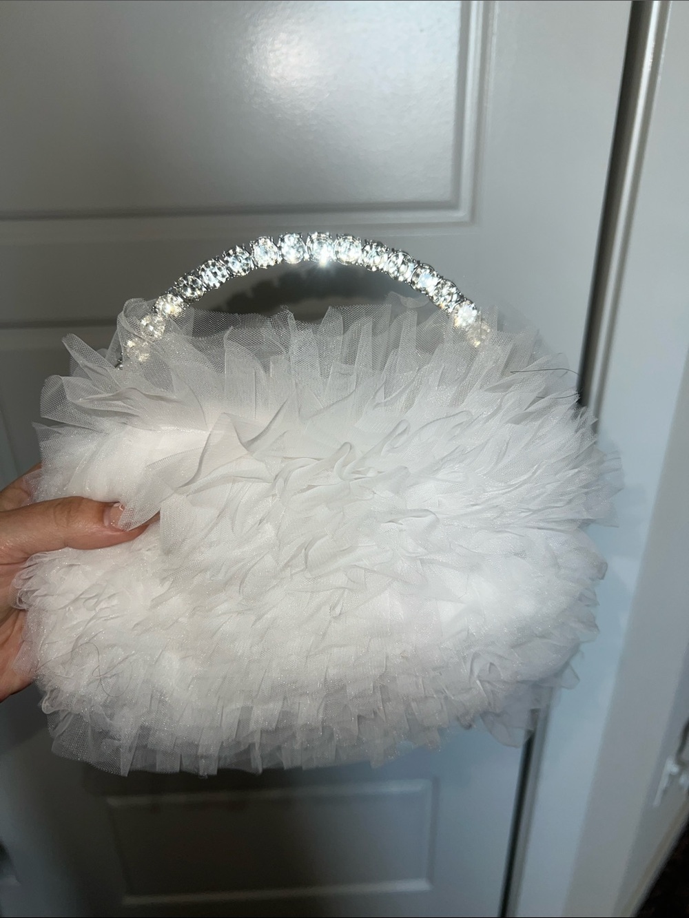 Badgley Mischka White Tulle Mini Handbag with Crystal Handle